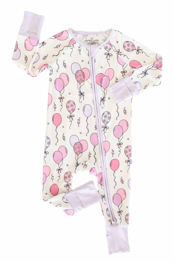 pink and purple balloon bamboo convertible zip romper for baby and toddler girls 