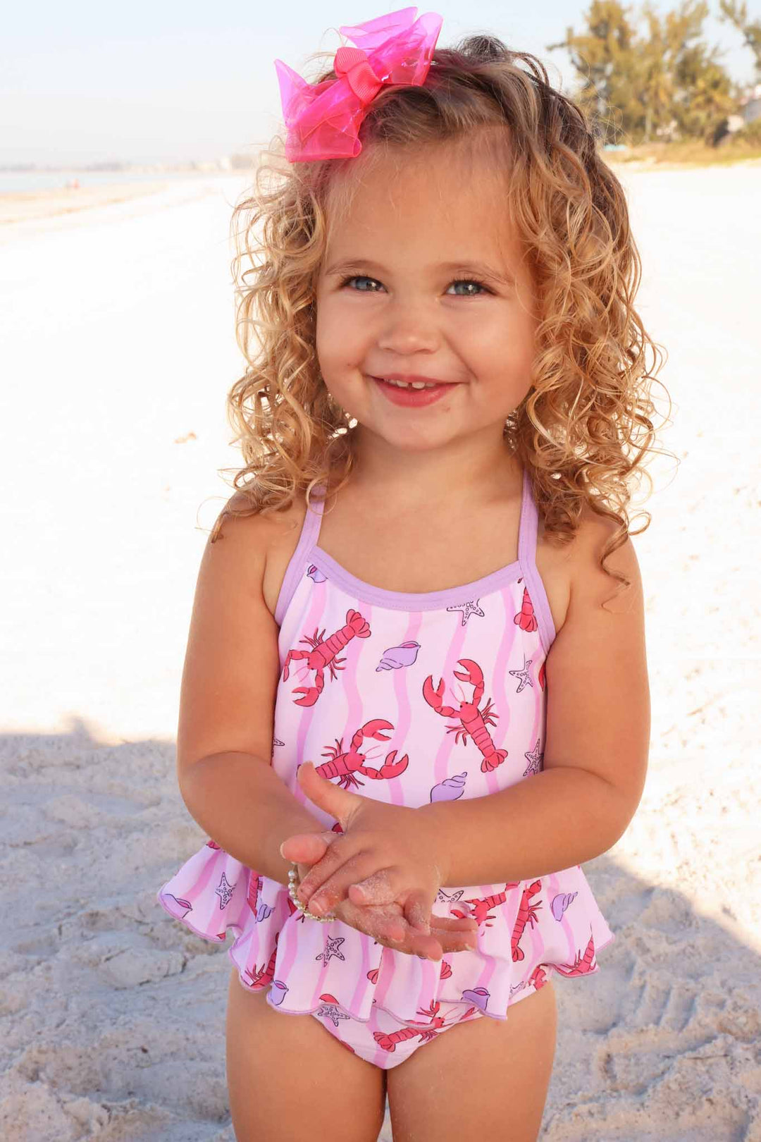 pink pinch me two piece tankini swimsuit with lobsters, seashell and starfish 
