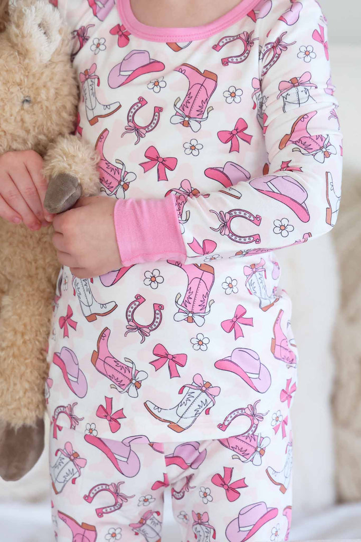 closeup of pink rodeo dreams bamboo viscose two piece pajama set for girls