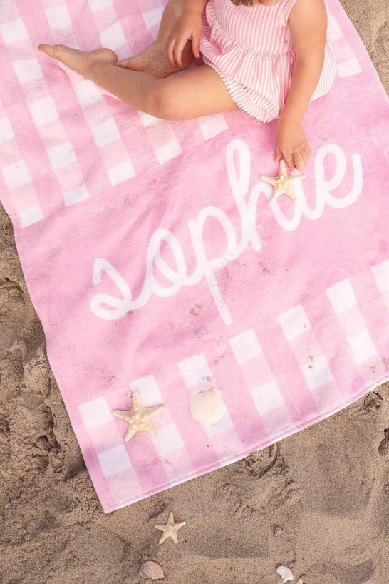 personalized baby beach towel in seersucker dusty pink