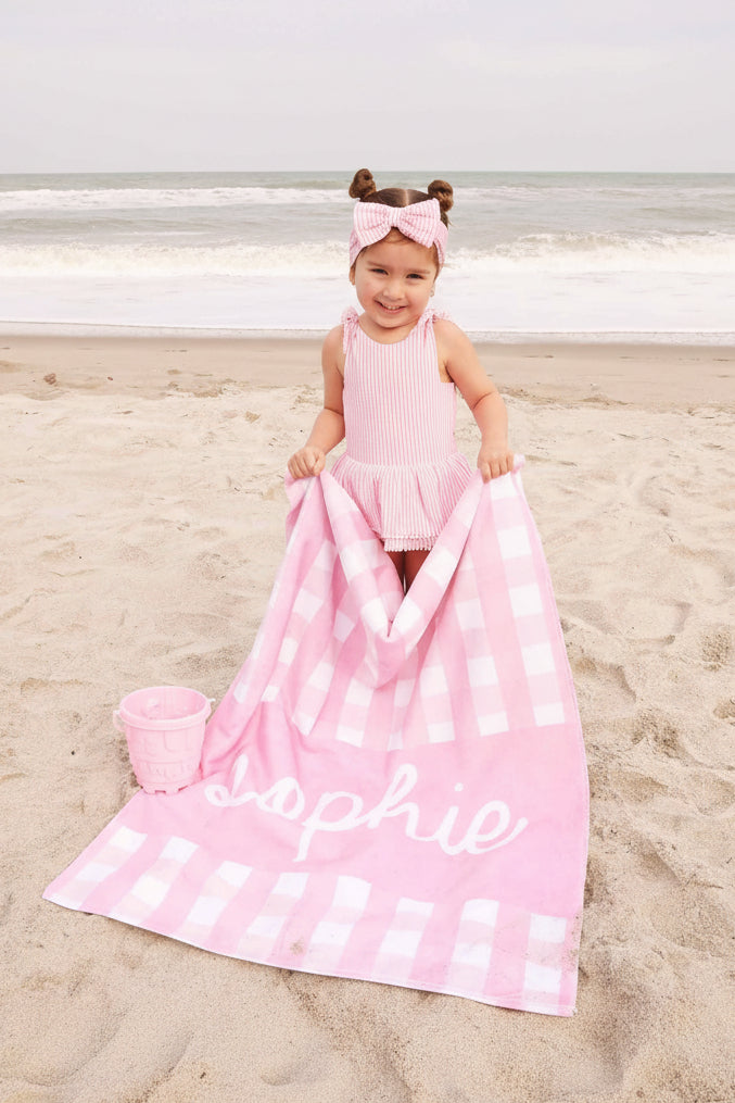 personalized toddler beach towel in seersucker dusty pink