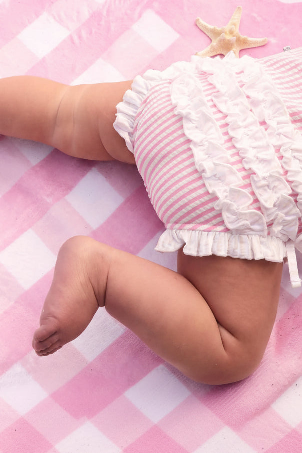 long sleeve seersucker pink rash guard with ruffle bottom for babies