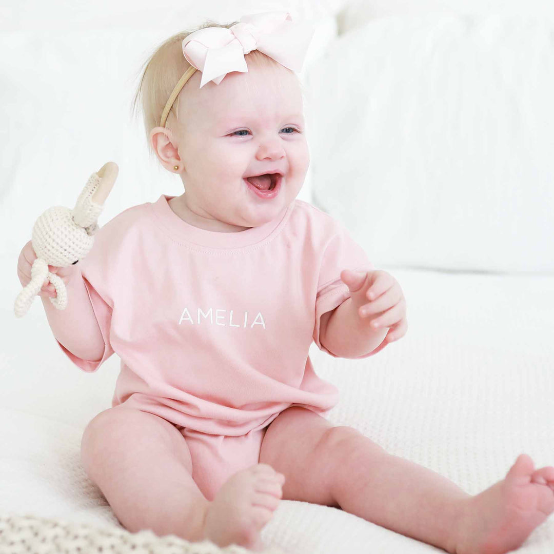 pink short sleeve personalized bubble romper for babies 