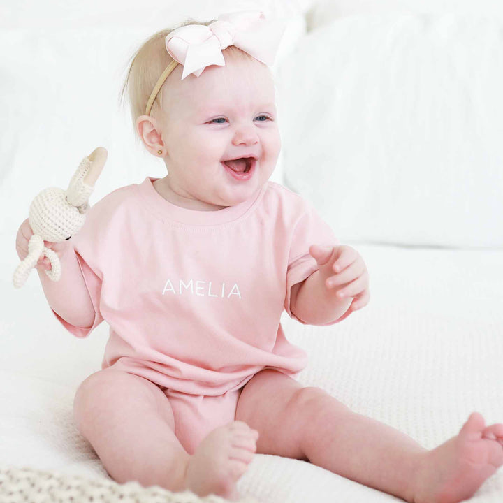 pink short sleeve personalized bubble romper for babies 