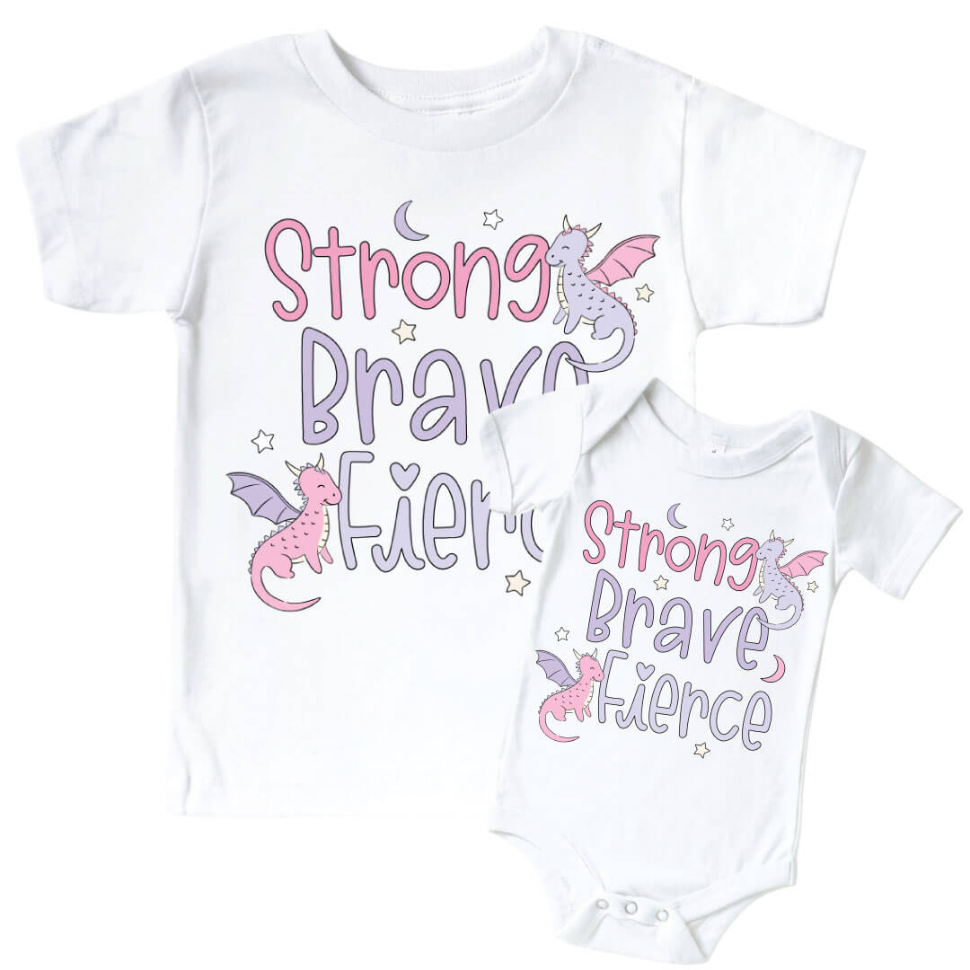 Strong, Brave, Fierce Pink Graphic Bodysuit & Kids Tee | White