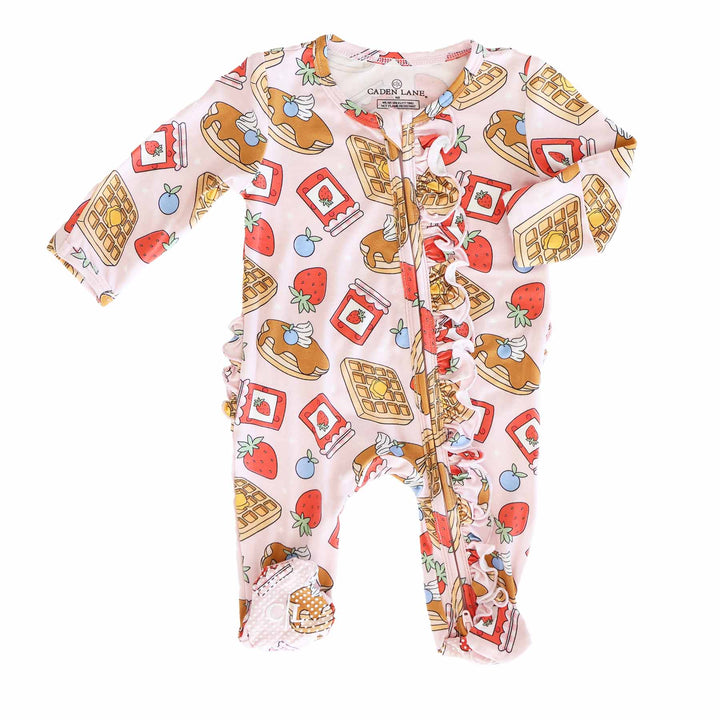 pink breakfast themed ruffle baby footie made of bamboo viscose 