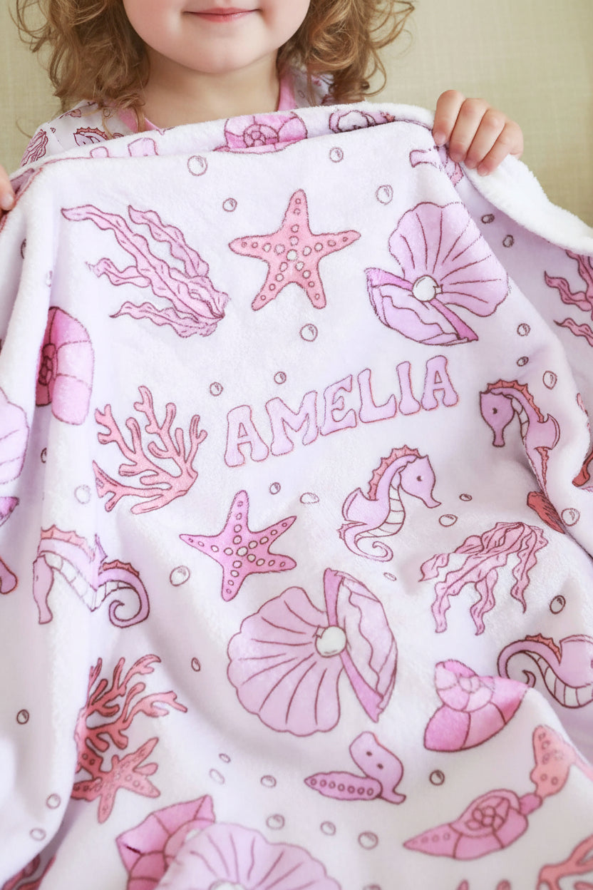 seahorse, starfish, coral and clam peronalized kids blanket for girls 