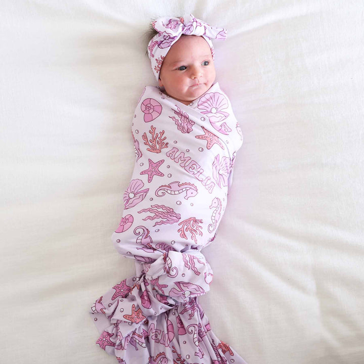 pink tiny tides personalized swaddle blanket for girls 