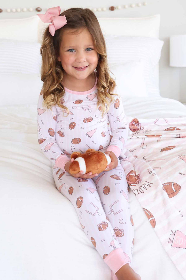 pink football, goal post and flag two piece bamboo pajama set for girls 