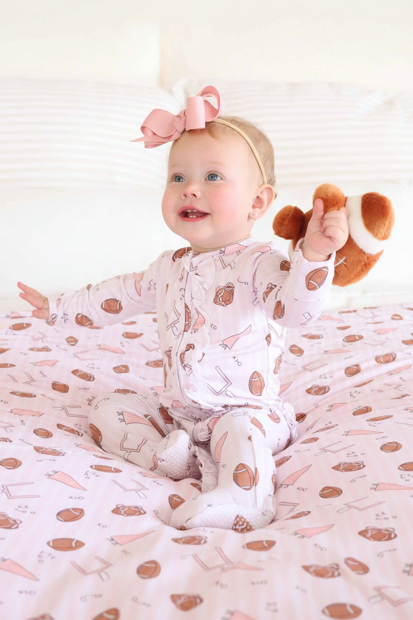 baby girl pink ruffle zipper footie football