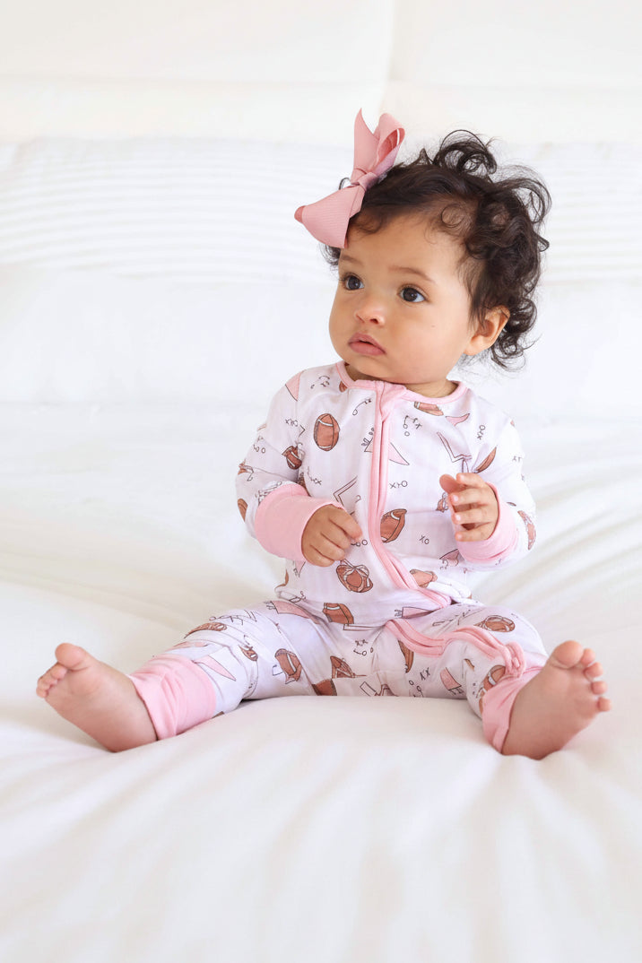 pink tiny touchdowns convertible zip romper pajama 