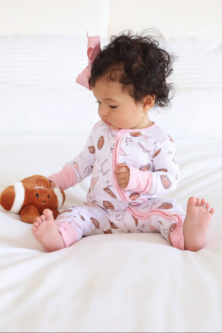 sibling matching pajamas pink football convertible zip romper pajama 