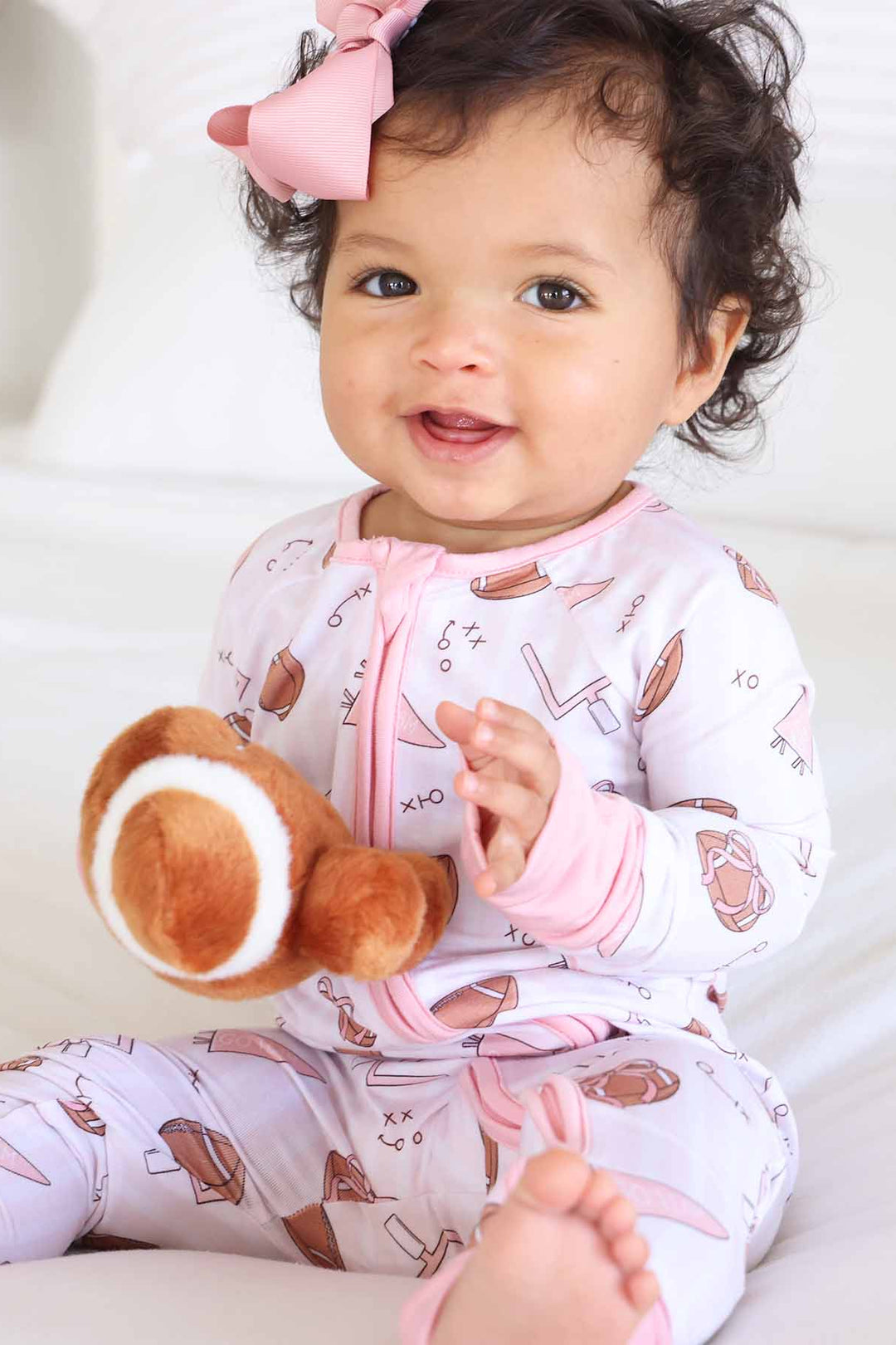 bamboo viscose convertible zip romper pajama for baby and toddler girls football themed