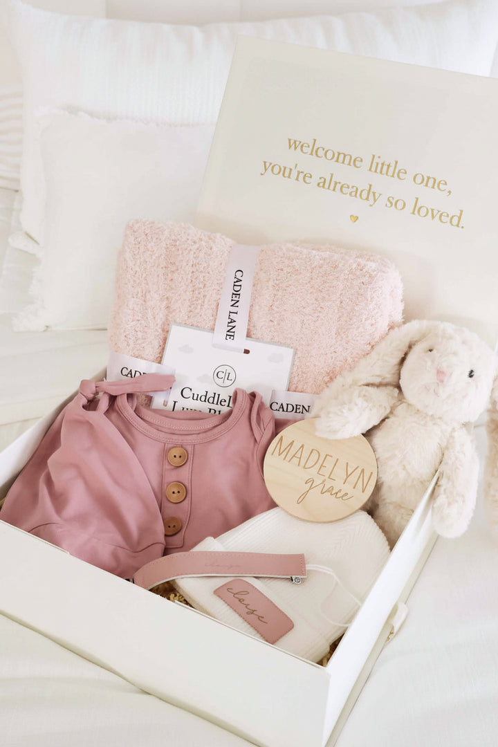 baby shower gift box bundle with knot gown, blanket, stuffed bunny toy, beanie and paci clip for girl