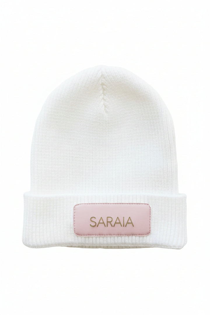 mauve block font leather patch beanie