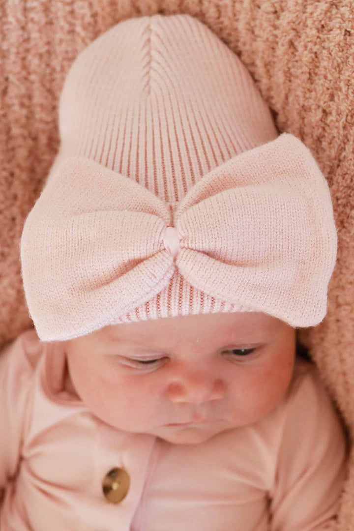 Knit Newborn Bow Beanie | Baby Pink