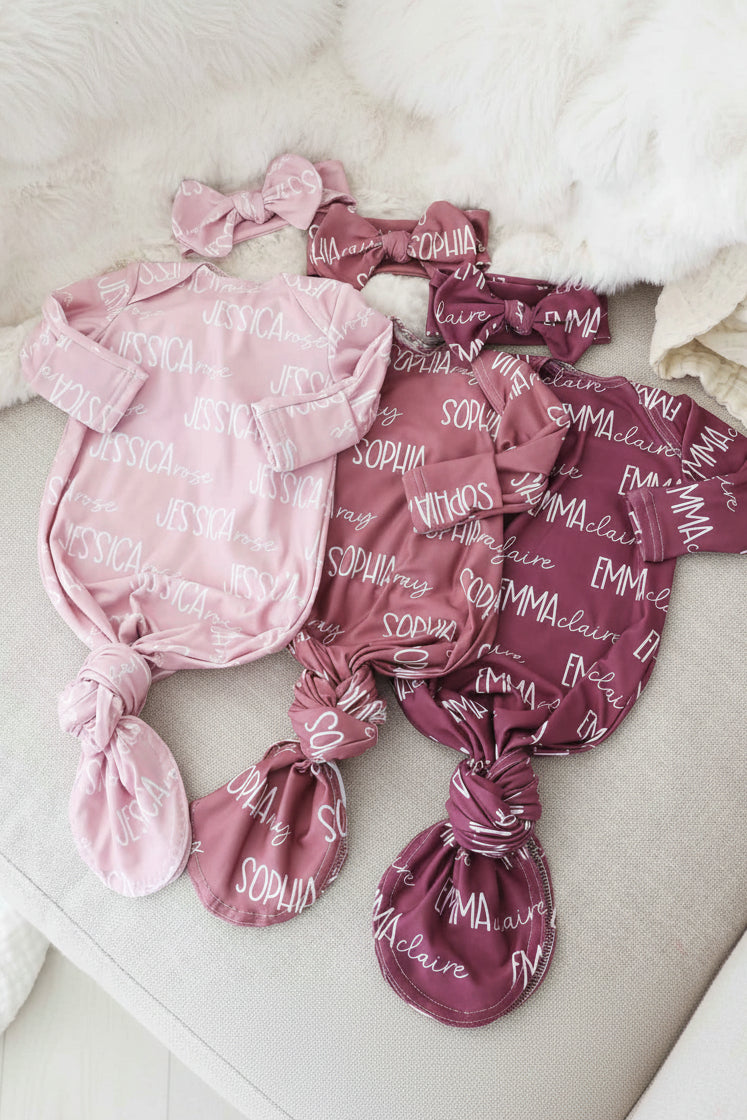 Personalized Font Duo Newborn Baby Knot Gown | Best Selling Pinks