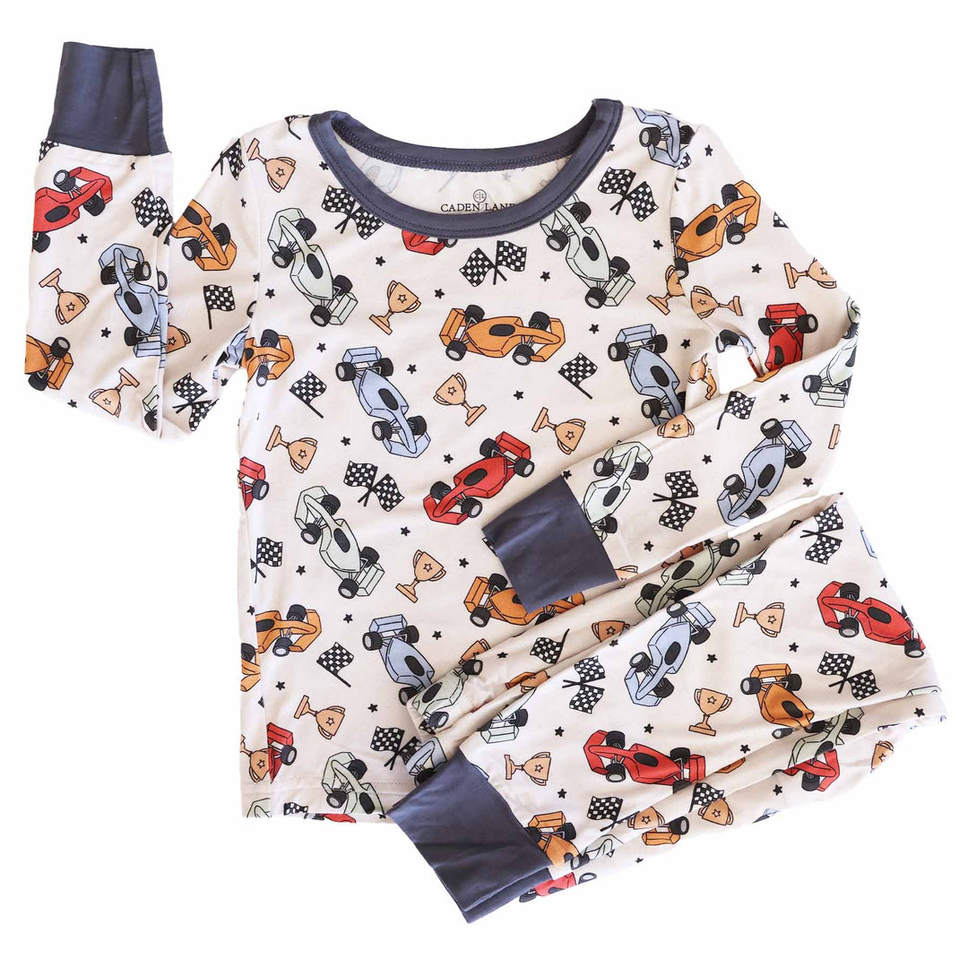 race car flag and trophy boys two piece pajama set 