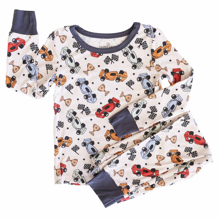 race car flag and trophy boys two piece pajama set 