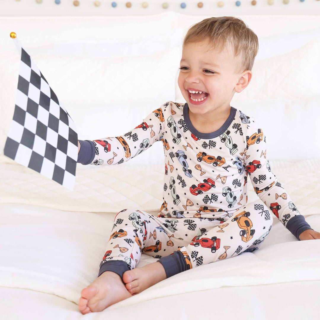 bamboo two piece pajama set for kids race cars 