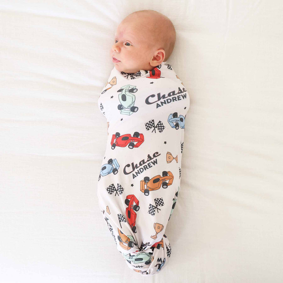 racecar personalized swaddle blanket for boys 