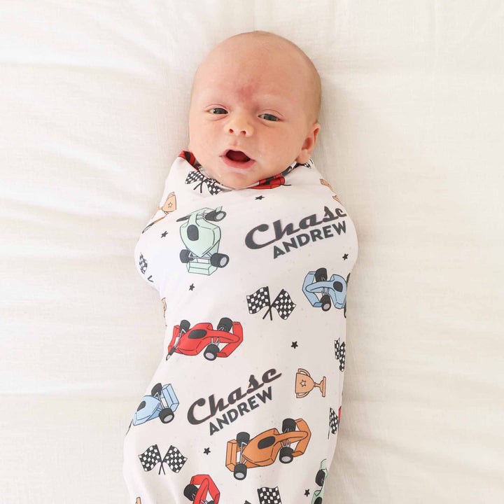 baby boy personalized swaddle blanket with racecars 