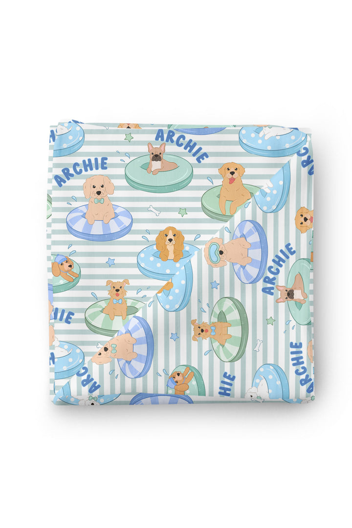 Personalized Swaddle Blanket | Poolside Pups Blue