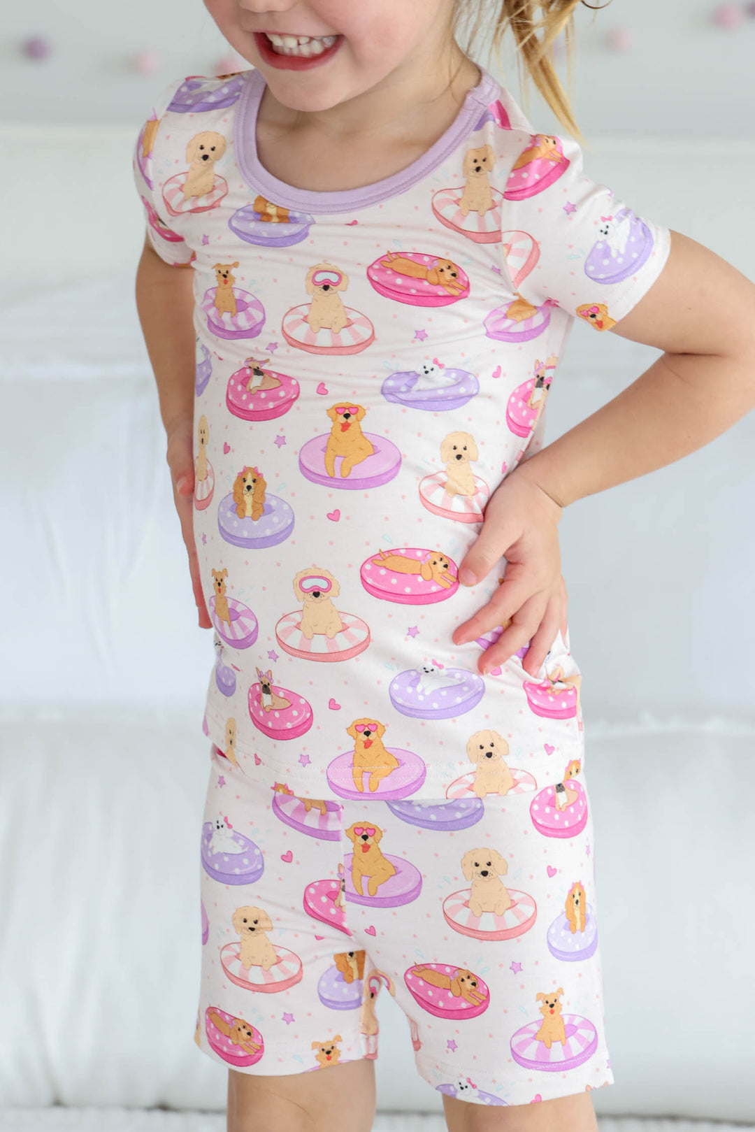 poolside pups pink two piece short pajama set