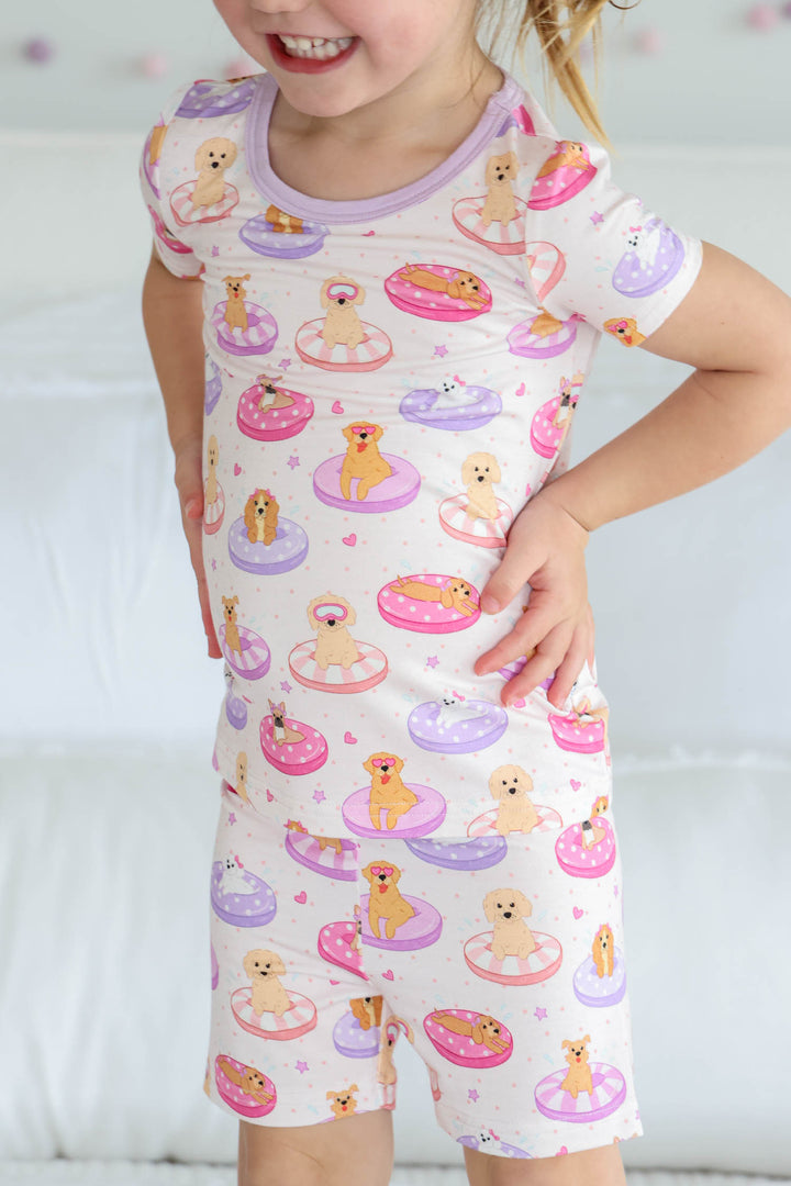 poolside pups pink two piece short pajama set