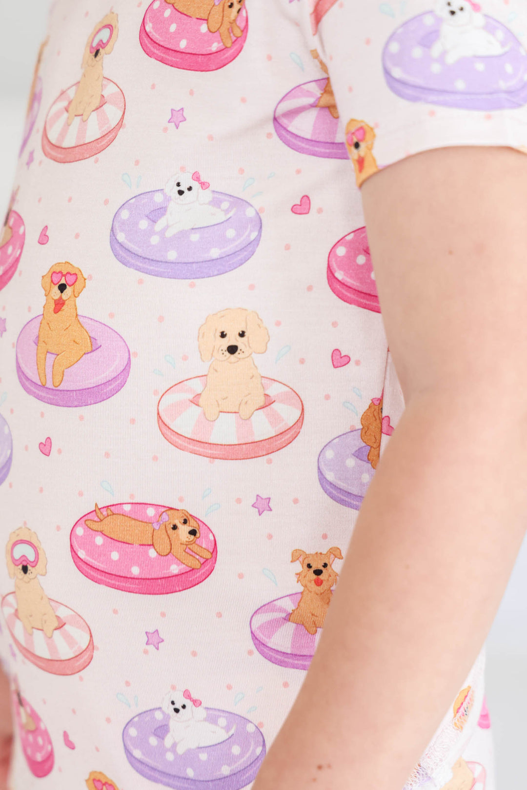 dogs on pool floatie two piece pajama set