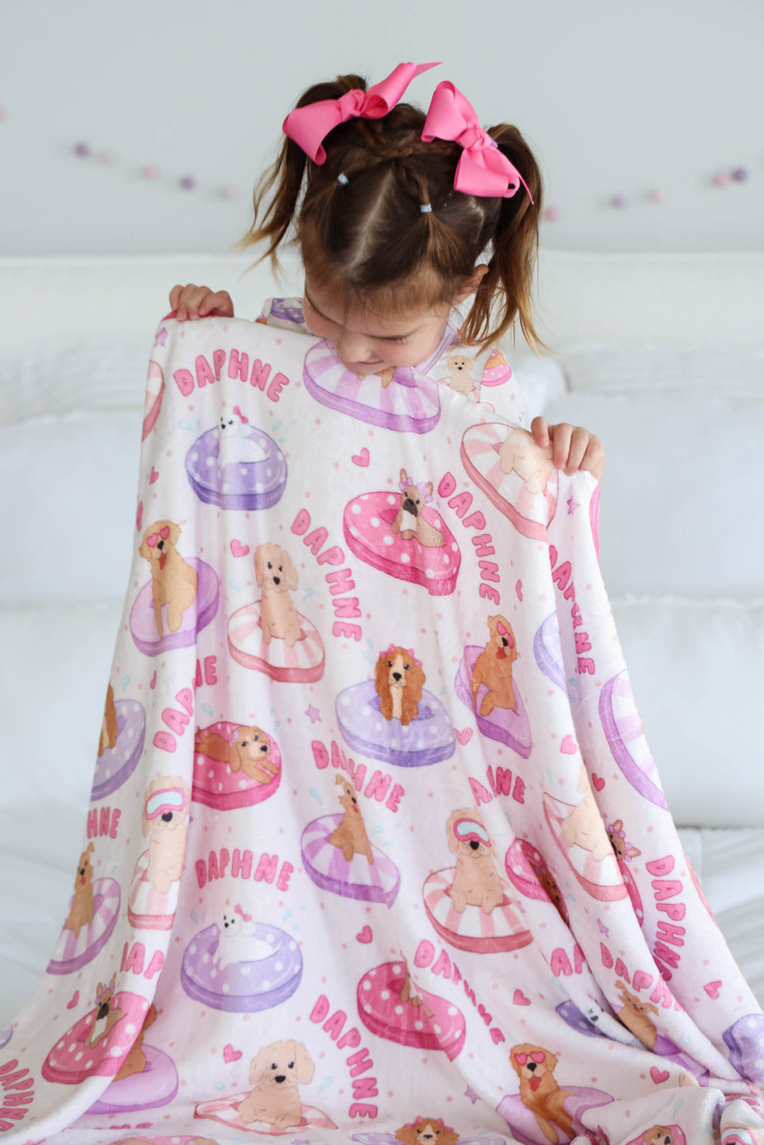 pink personalized kids blanket poolside pups