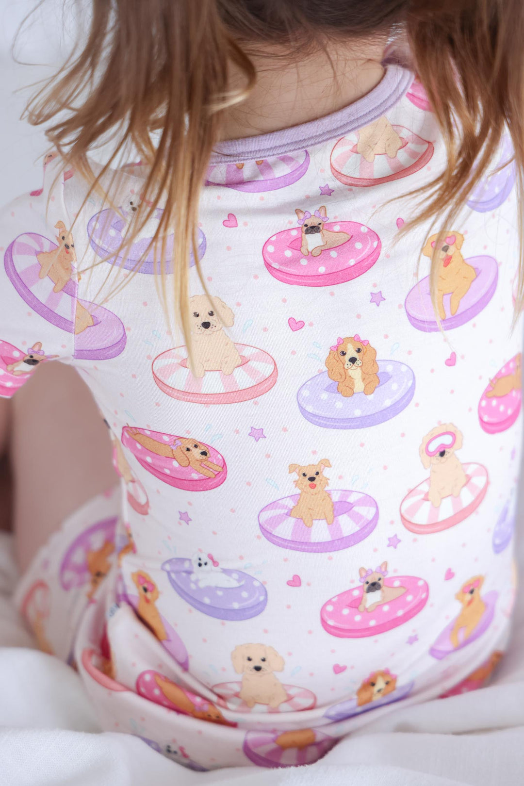 pink and purple poolside pups two piece short pajama set