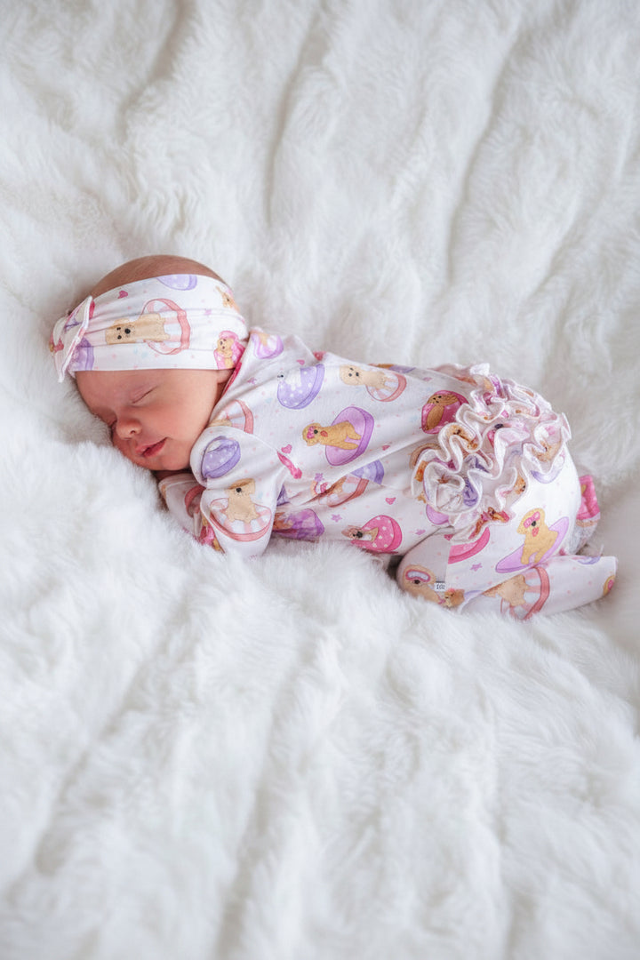 poolside pups pink ruffle zipper footie