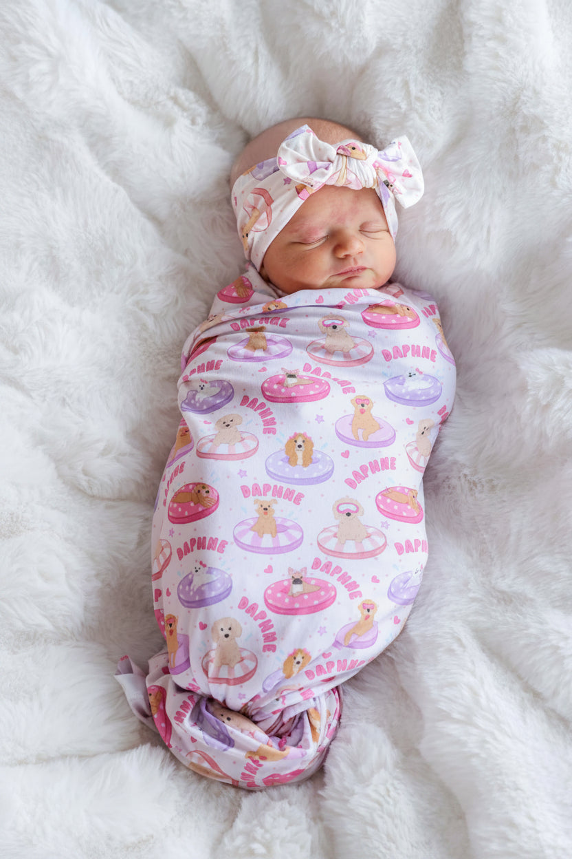 poolside pups swaddle blanket dog floaties summer print