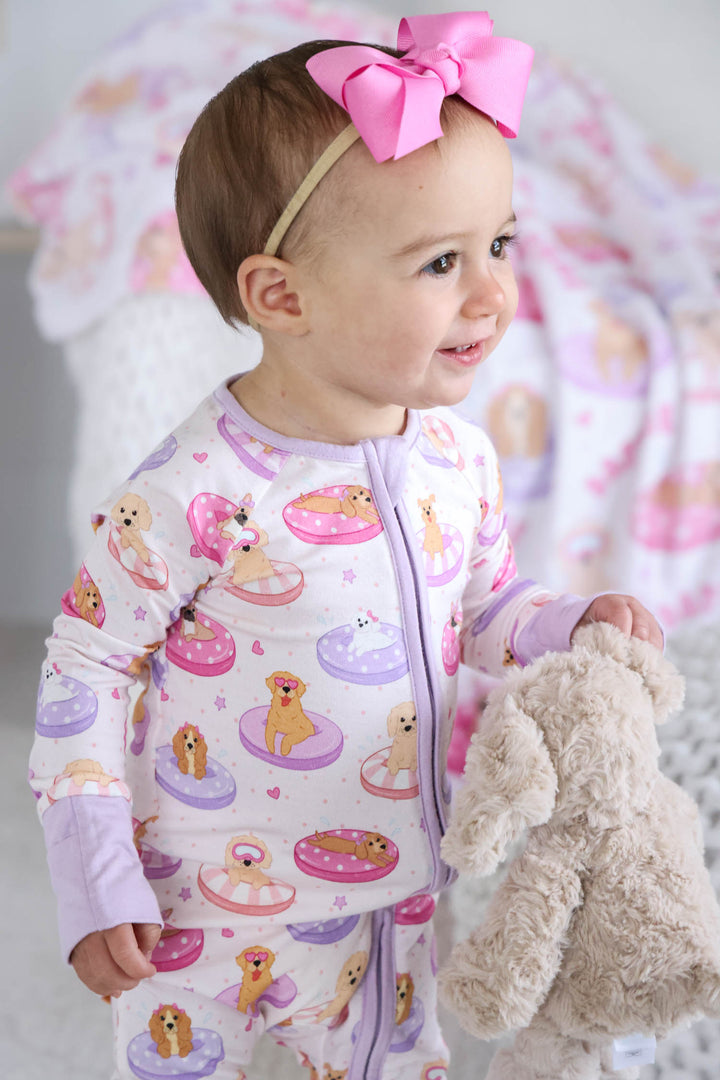 pink and purple dog and pool floatie convertible zip romper pajama 