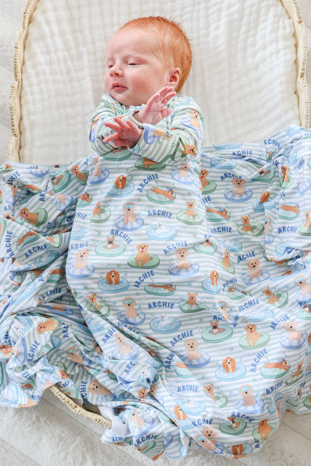blue poolside pups swaddle blanket for babies