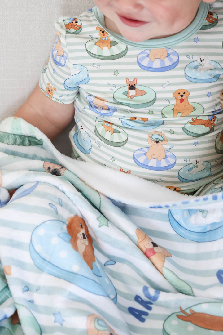 poolside pups two piece pajama set with matching personalized blanket 