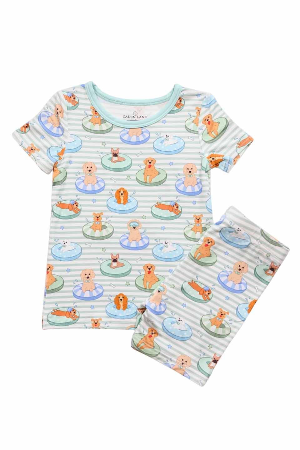 short pajama set with dogs in pool floaties
