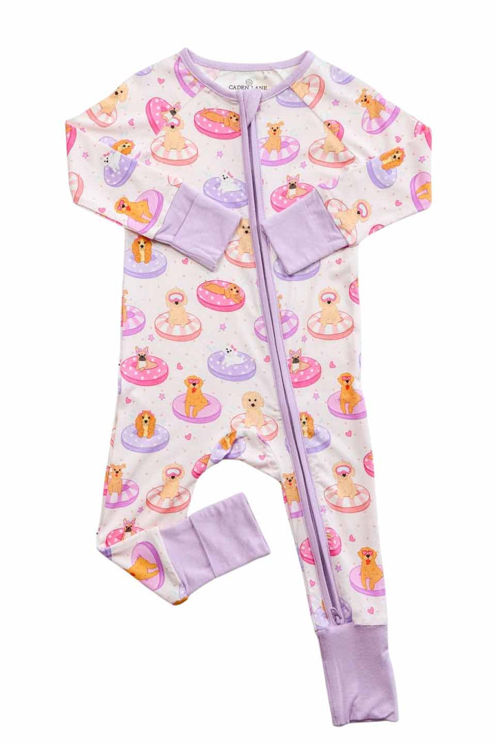 pink and purple poolside pups convertible zip romper for girls 