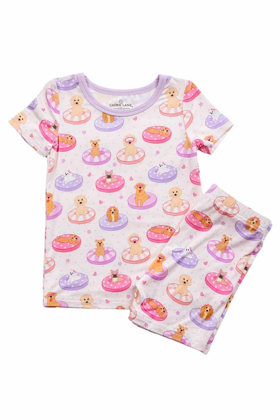 dogs on pool floaties two piece short pajama set