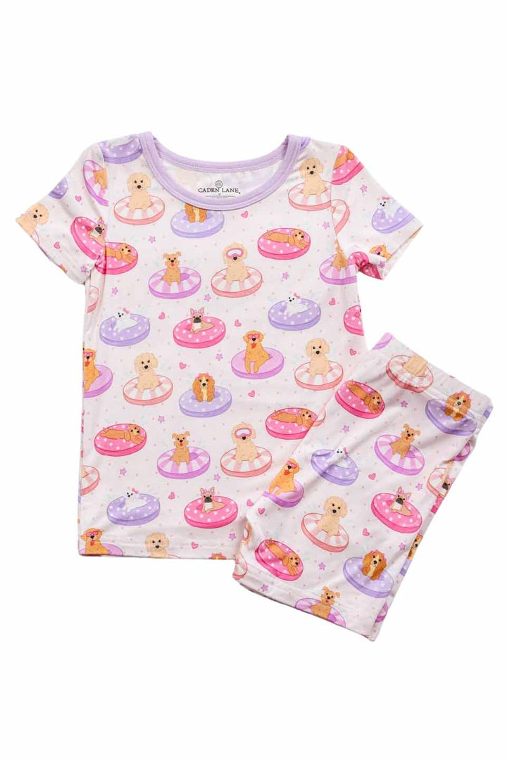 dogs on pool floaties two piece short pajama set