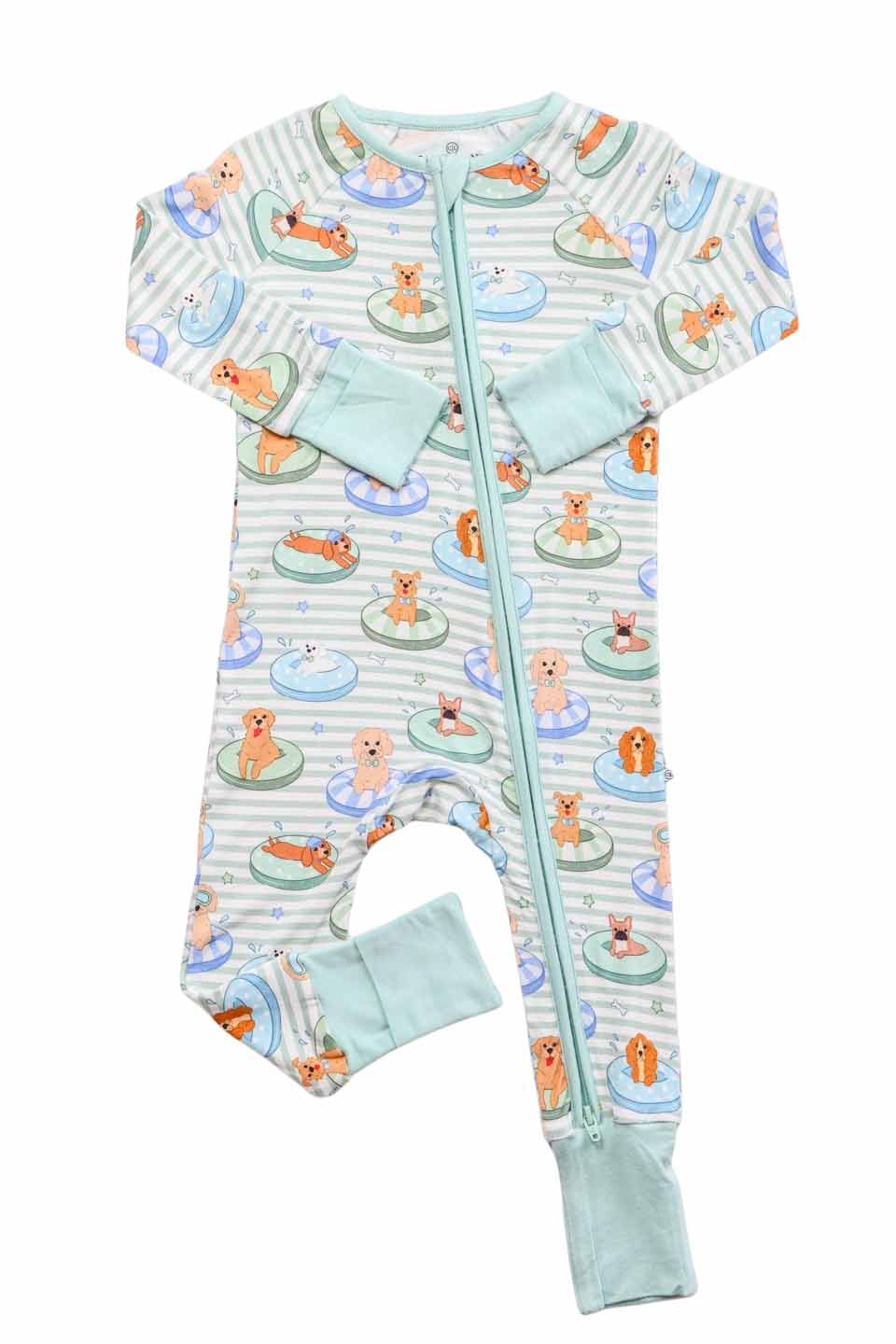 green stripe pool floatie dog pajama romper 