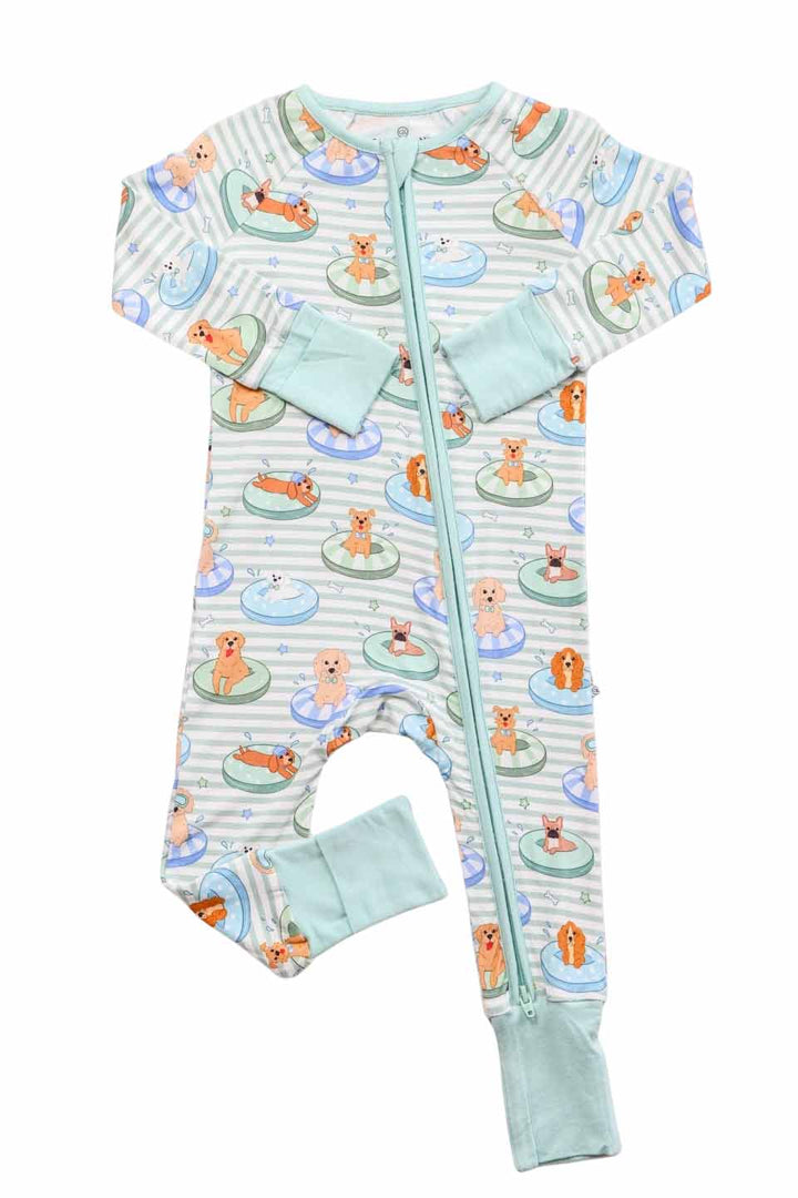 green stripe pool floatie dog pajama romper 