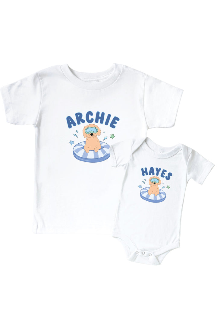 personalized blue poolside pups graphic tee and bodysuit set