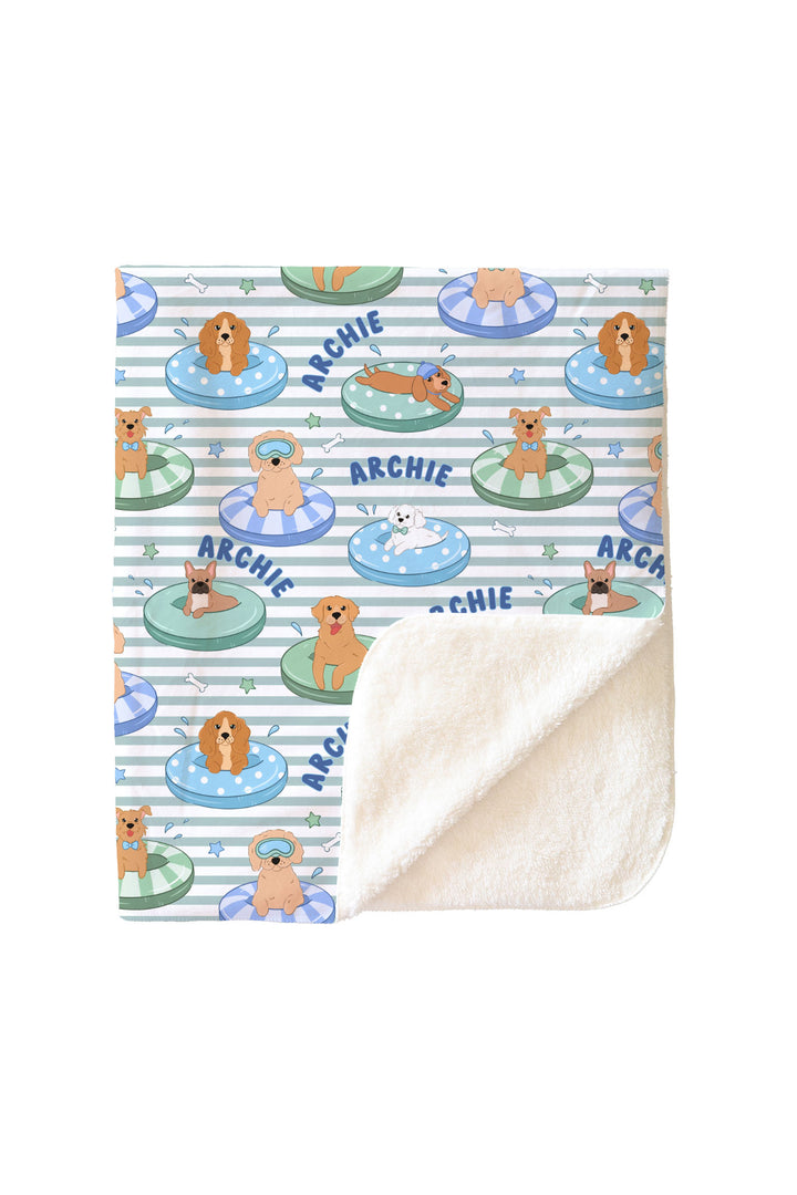 blue personalized kids blanket poolside pups