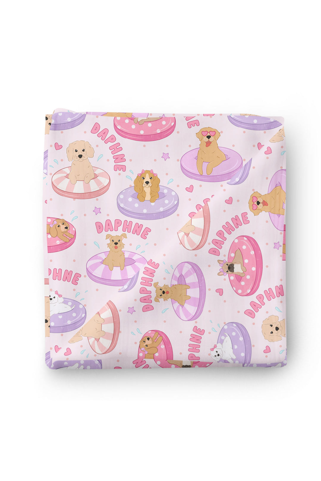Poolside Pups Pink swaddle flat lay