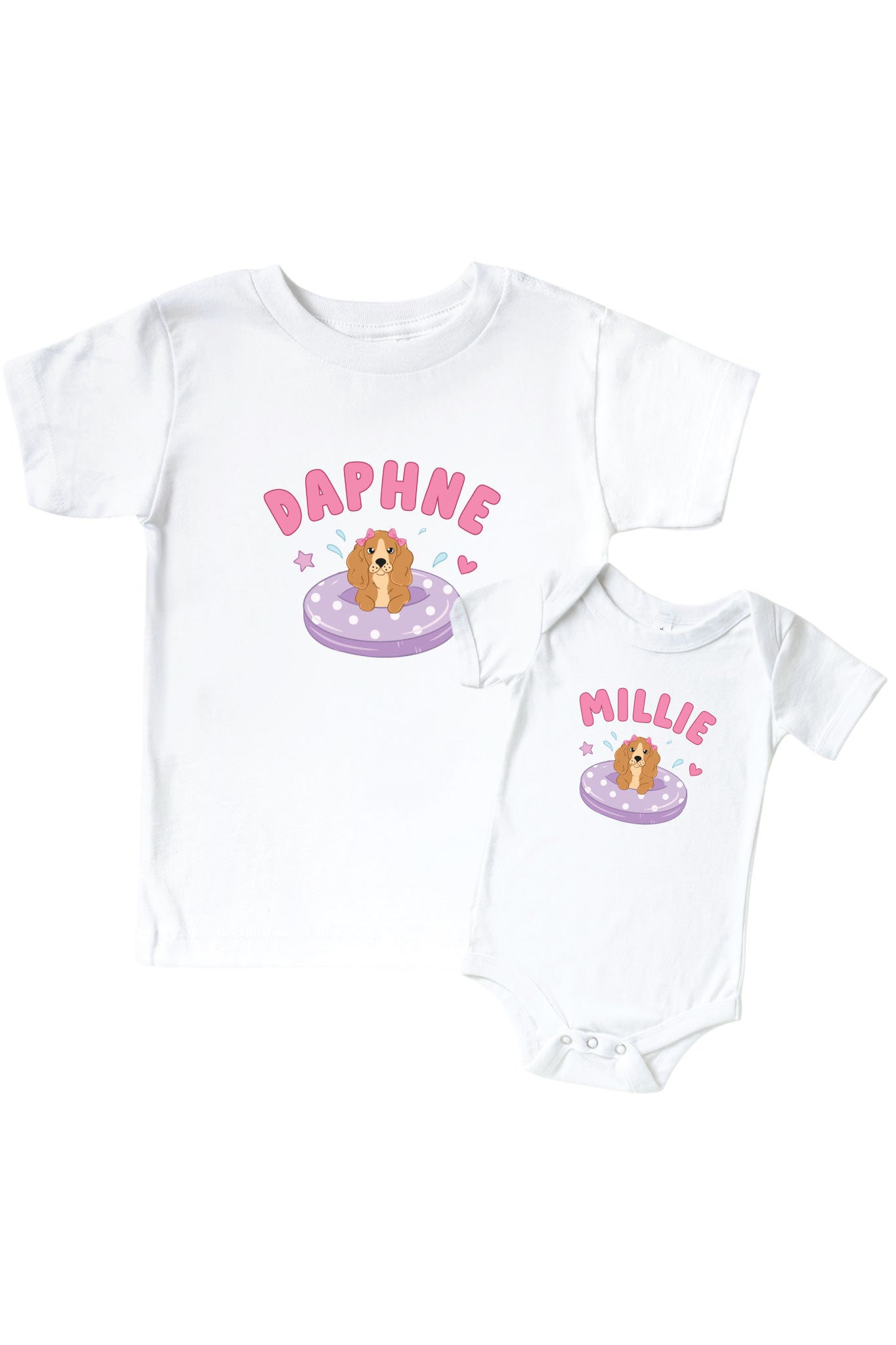 Personalized Poolside Pups Pink Graphic Bodysuit & Kids Tee | White