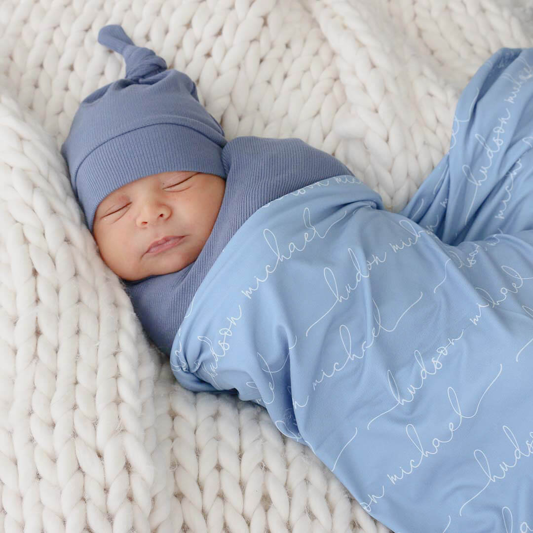 powder blue personalized baby name swaddle blanket script font 