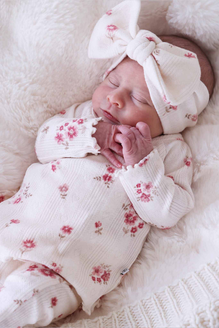 precious posies pointelle knit crossover set with matching headwrap