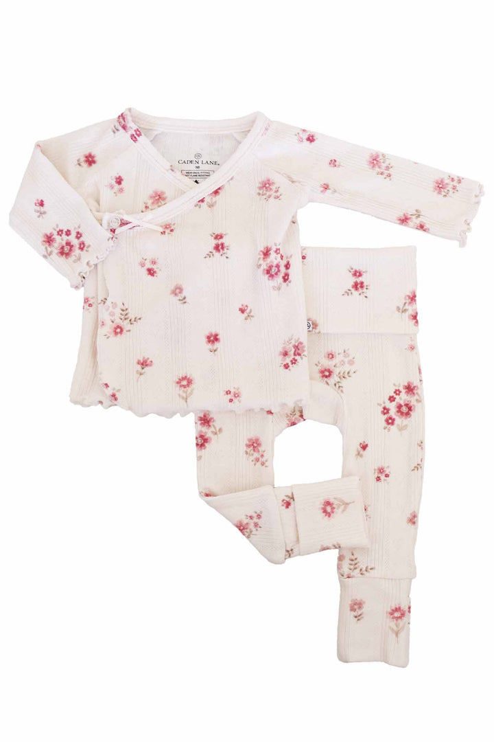 precious posies two piece pointelle knit crossover set with bow
